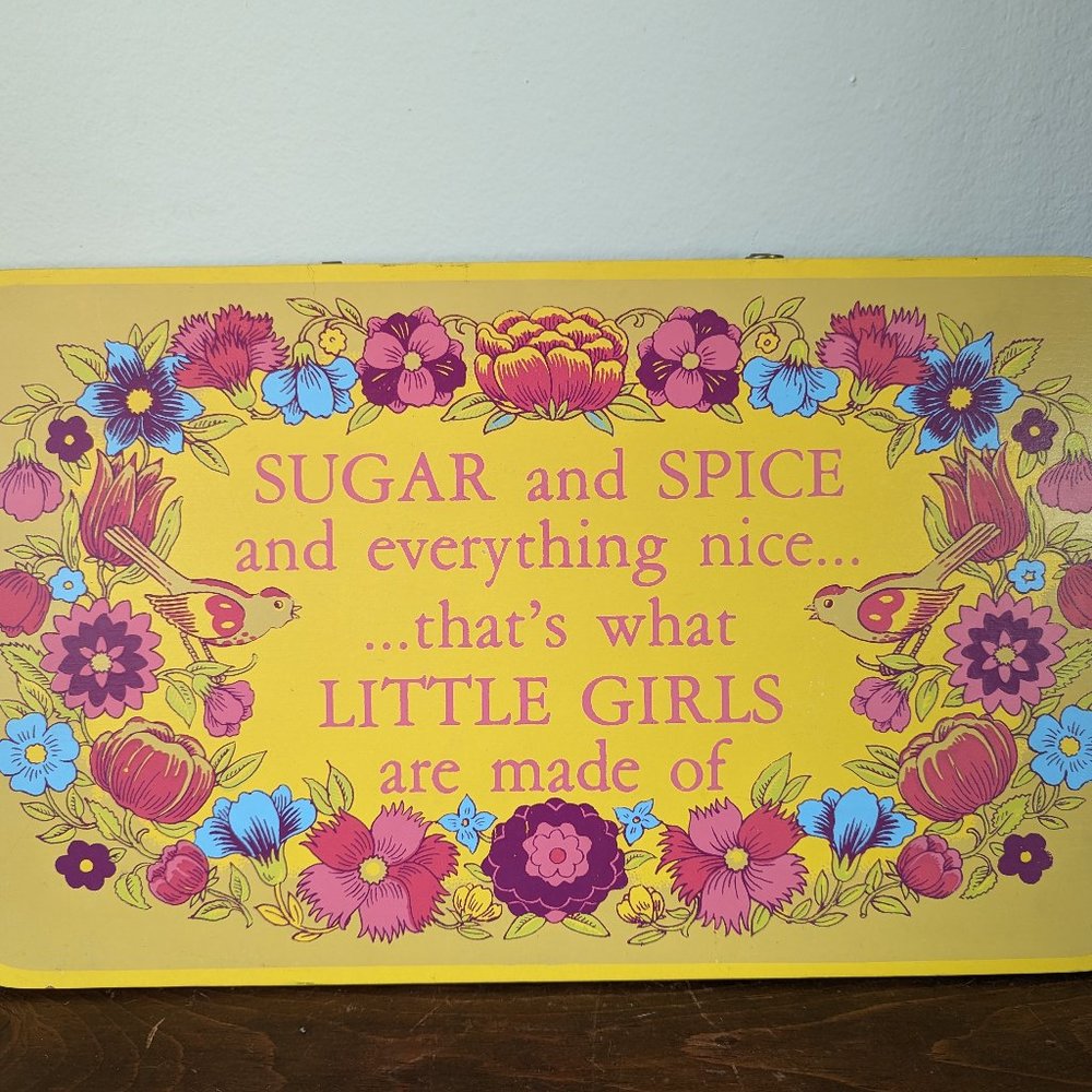 1970s Sugar and Spice Little Girl Flowers and Birds Yorkcraft Wooden Wall Plaque